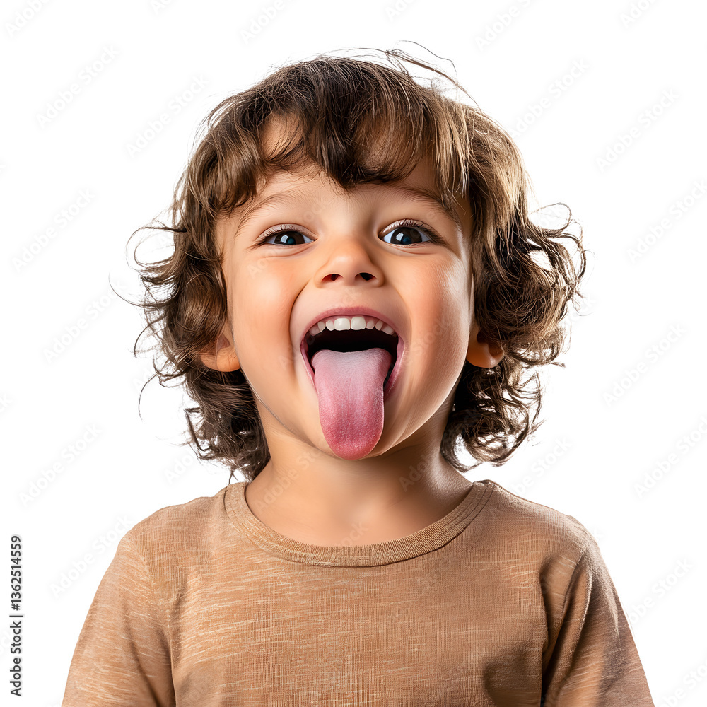 Playful toddler making a silly face with tongue out, cute child portrait against white background, smiling kid pulling funny expression.