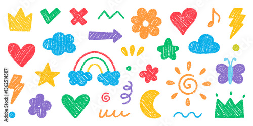 Chalk pencil cute kid doodle set. Childish scribble crayon rainbow, stars, flower, heart, crown in sketch style. Grunge texture. Hand drawn vector illustration isolated on white background