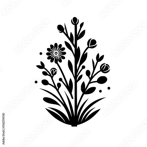 A symmetrical monochrome illustration showcasing a stylized floral arrangement, featuring a central stem with blossoming buds, a daisy-like flower, leaves, and dot embellishments on a pristine white b