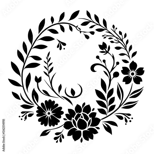 Elegant Black and White Floral Wreath: A Circular Design Featuring Detailed Leaves, Flowers, Buds, and a Clean, Minimalist Aesthetic.