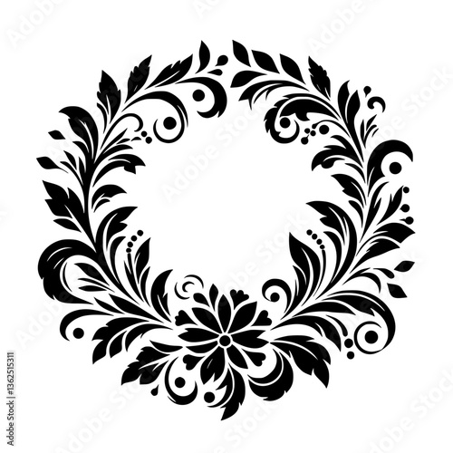 Elegant Black and White Floral Wreath Design: A symmetrical and detailed artistic representation featuring stylized leaves, flourishes, and a central floral element, perfect for design.