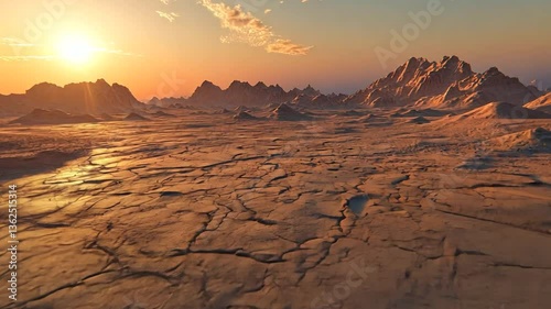 Serene Sunrise over Cracked Earth Landscape with Distant Mountains