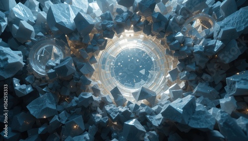 "Journey Through the Nexus: A visually striking abstract composition of a crystalline tunnel leads the eye toward a central, radiant portal, hinting at dimensions beyond our own.