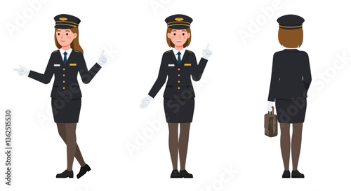 Female flight attendant character in flat design style showcasing multiple poses vector art