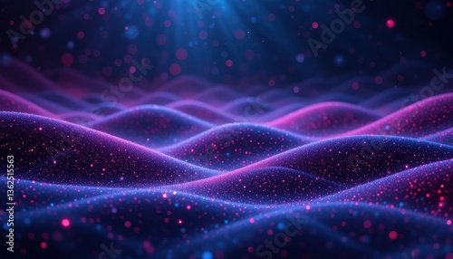 Cosmic Waves: A mesmerizing, otherworldly depiction of undulating waves awash in a sea of vibrant blues and pinks, interwoven with sparkling particles of light and shadow.