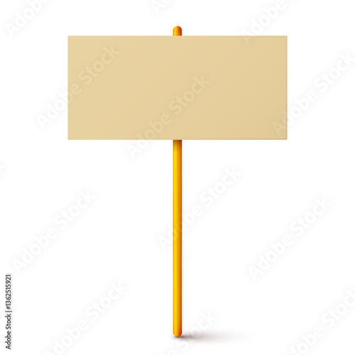 Blank colorful protest sign with wooden holder. Demonstration banner. Strike action cardboard placard mockup. Social advertisement. Vector illustration