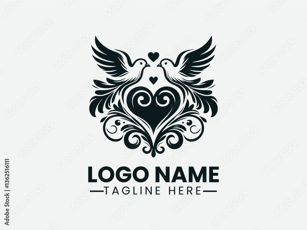 Obraz premium Two Doves Heart Ornate Swirls Romantic Symbol Logo Design, Romantic Doves Heart Swirls Logo