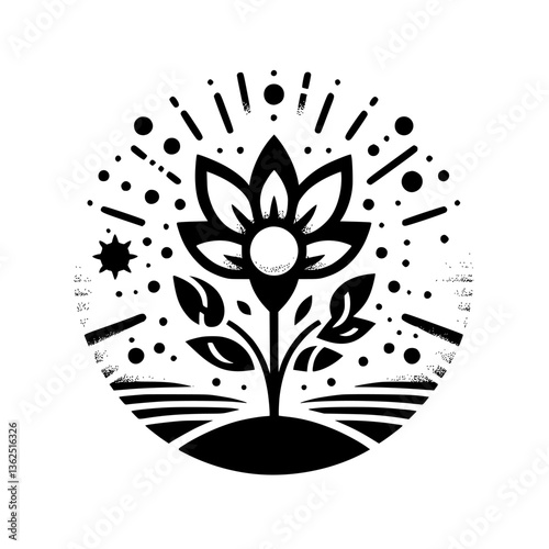 An ornate, minimalist illustration of a stylized flower within a circular frame, adorned with dots and lines, conveying a sense of growth and tranquility.