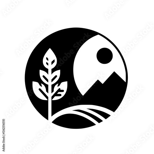 Obraz na plátně A minimalist black and white emblem symbolizing nature's harmony, featuring a plant, mountain, and fields within a circular frame, invoking peace