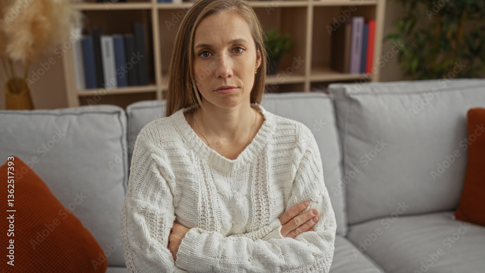 Woman in white sweater with arms crossed seated in cozy living room with modern decor, looking at the camera, embodying a calm and contemplative mood in a home setting. Woman in white sweater with arms crossed seated in cozy living room with modern decor, looking at the camera, embodying a calm and contemplative mood in a home setting.