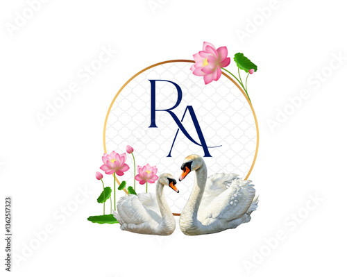 Classic Indian wedding logo featuring "RA" letters, two swans, pink lotuses, and a golden frame.