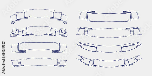 Medieval Ribbon Banners and Rolls. Set of Parchment rolls, blank scrolls and paper banners, antique manuscript or vintage papyrus, isolated on white background. Vector illustration.