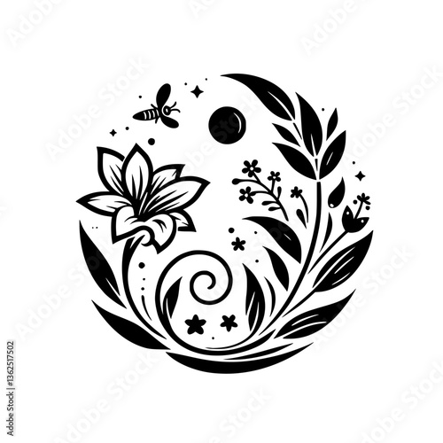 Intricate black and white circular floral illustration with a bee, blooming flower, leaves, sprigs, stars, and a moon, portraying a harmonious nature scene.