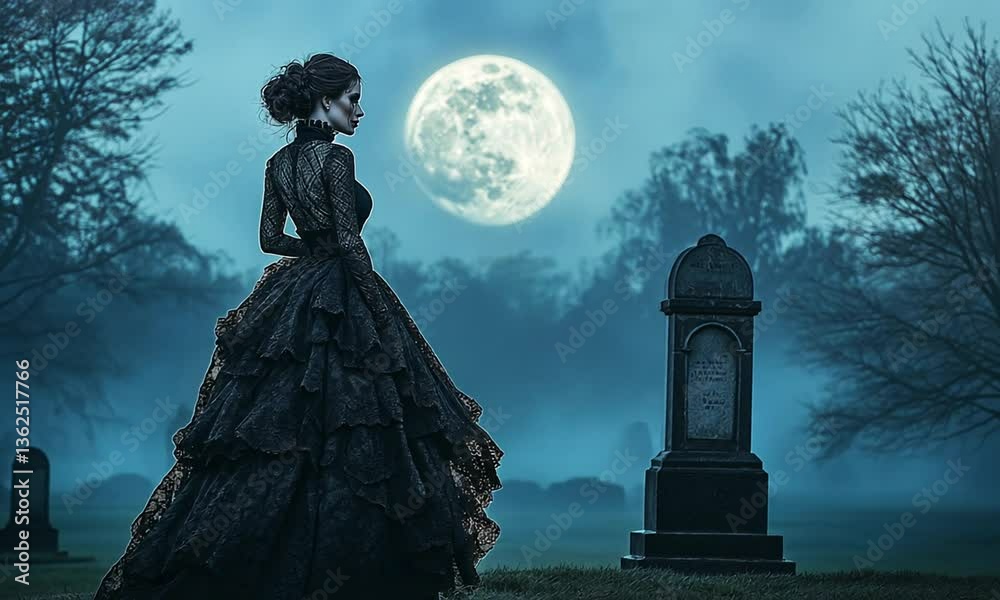 Woman in Victorian black dress standing by grave under full moon with ...