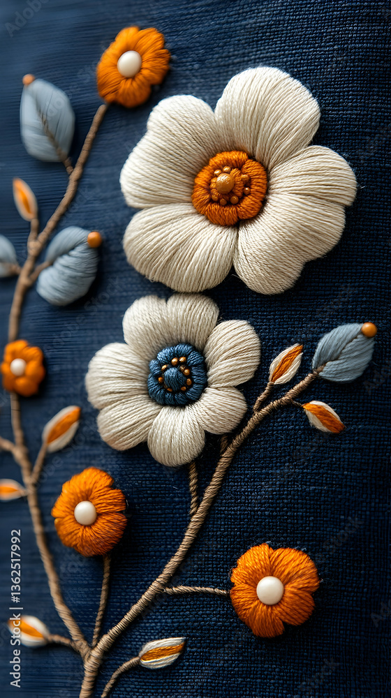Embroidered floral art with white, orange, and blue thread on a denim background Embroidered floral art with white, orange, and blue thread on a denim background