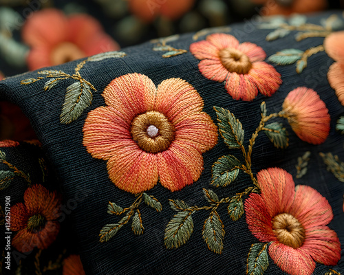 Embroidered fabric with floral design on dark material, close-up detailed view