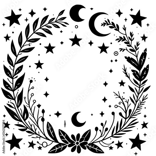 A minimalist celestial wreath of leaves, stars, crescent moons, and flowers arranged in a symmetrical monochrome design.