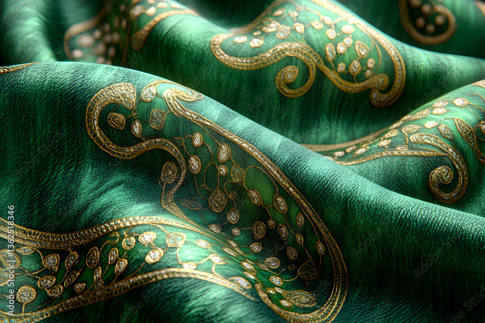 Fototapeta premium Emerald fabric, gold patterns