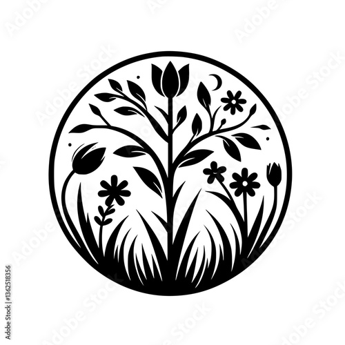 A monochromatic circular emblem depicting a stylized floral scene featuring a central tree with flowers, grass, and a crescent moon on a white background.
