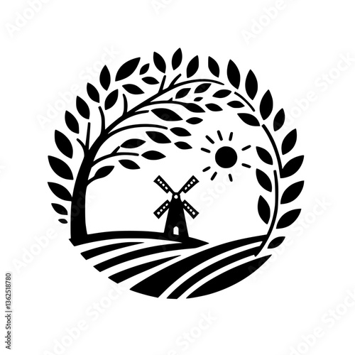 A circular black and white illustration depicting a windmill in a field, framed by a tree and foliage, with a sun overhead, all on a white background.