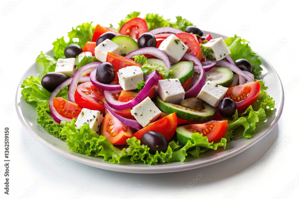 A refreshing Greek salad with fresh vegetables, olives, and feta cheese, drizzled with olive oil. A nutritious and delicious Mediterranean dish, beautifully plated on a white background A refreshing Greek salad with fresh vegetables, olives, and feta cheese, drizzled with olive oil. A nutritious and delicious Mediterranean dish, beautifully plated on a white background