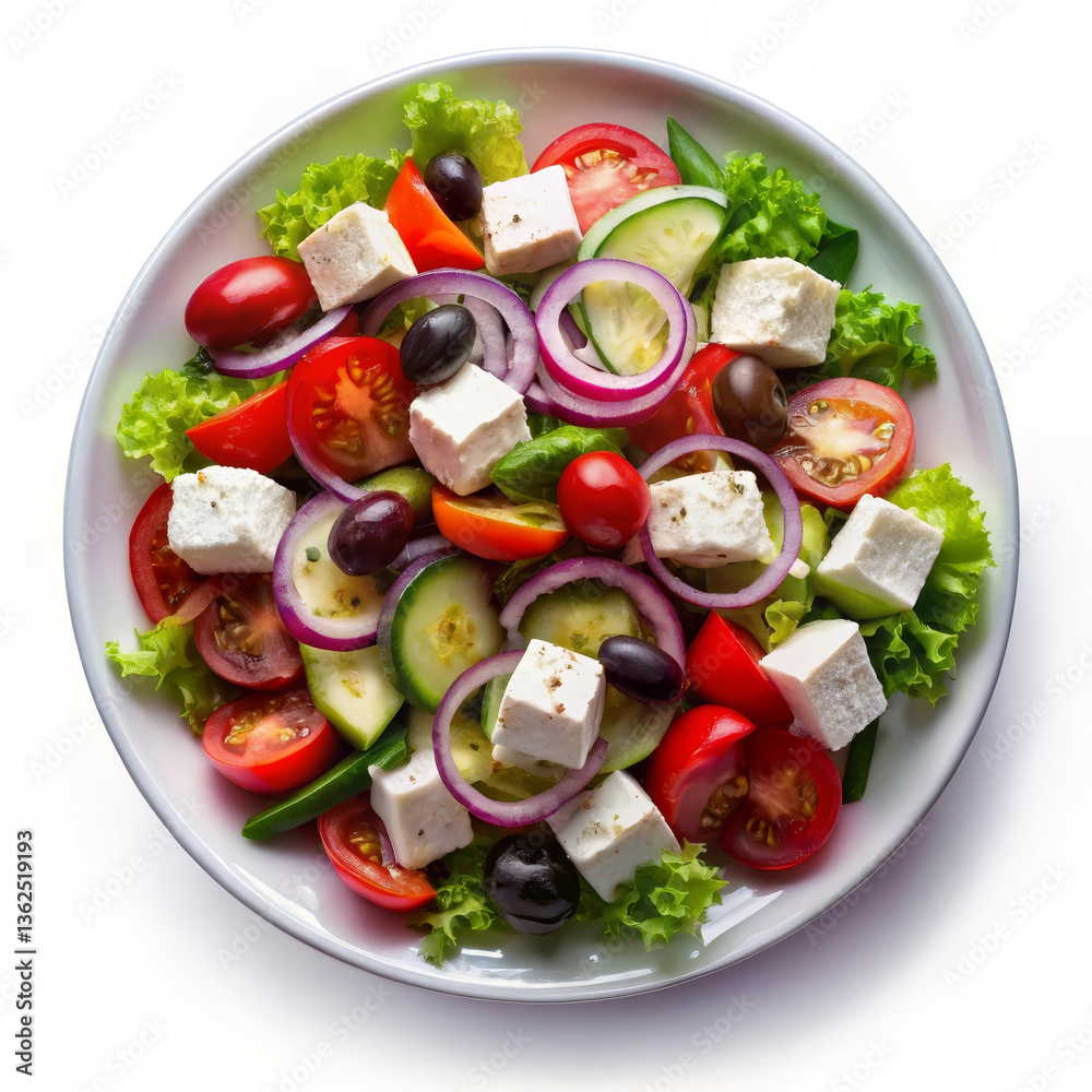 Top view of a traditional Greek salad with crisp cucumbers, ripe tomatoes, red onions, olives, and feta cheese, served on a white plate, isolated on a clean white background Top view of a traditional Greek salad with crisp cucumbers, ripe tomatoes, red onions, olives, and feta cheese, served on a white plate, isolated on a clean white background