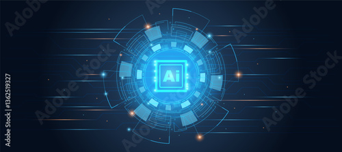 Abstract futuristic technology circuit board and gear in digital technology. High-tech technology and innovation concept on a blue background. Artificial intelligence (AI) technology circuit.