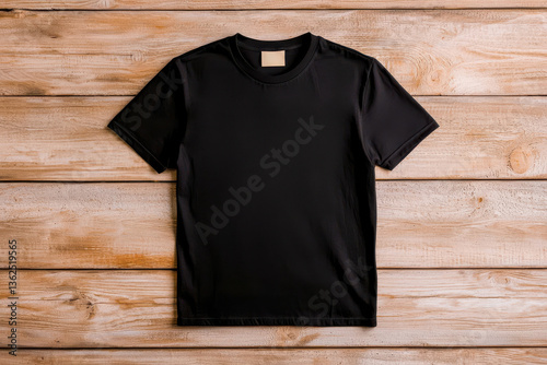 Plain black t-shirt on wooden background displaying minimalist fashion
