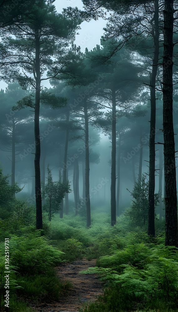 Obraz premium Ethereal forest path with tall trees shrouded in mist and lush green undergrowth
