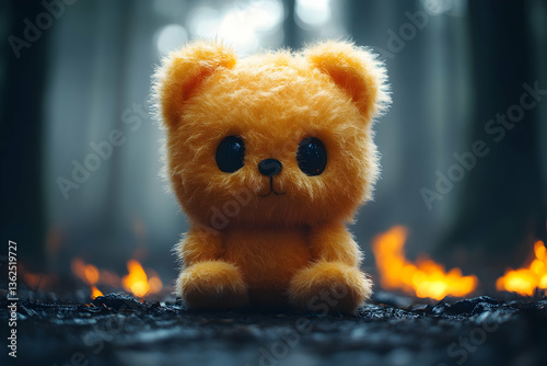 Fluffy yellow bear sits on dark ground amidst bright embers, in misty woods