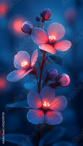 Ethereal flowers bloom in vibrant blue and pink light
