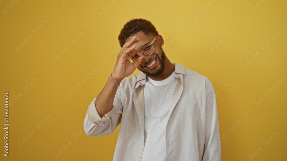 Young man makes an ok gesture in front of his eye while smiling against an isolated yellow background wall Young man makes an ok gesture in front of his eye while smiling against an isolated yellow background wall