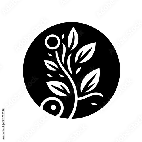 A stylized, minimalist black and white logo featuring a plant design within a circular frame, conveying growth.