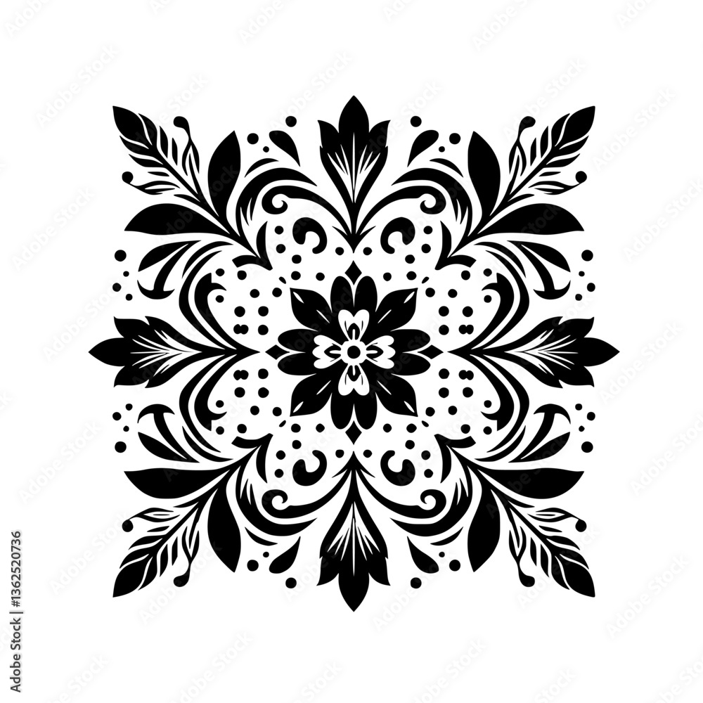 Symmetrical black floral design on white background with leaves, dots and swirls, mandala style art. Symmetrical black floral design on white background with leaves, dots and swirls, mandala style art.