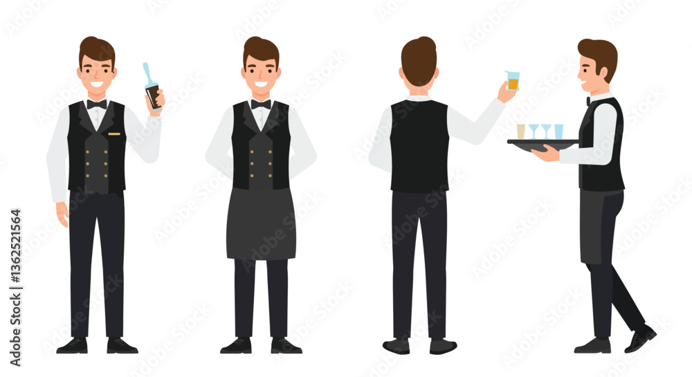 Professional waiter character transformation in minimal flat vector illustration Professional waiter character transformation in minimal flat vector illustration