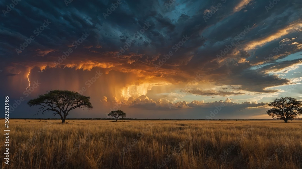 Naklejka premium A dramatic sunset over a savanna landscape with stormy clouds and distant lightning.