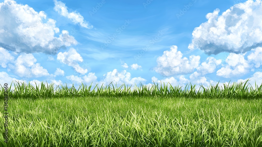 Obraz premium Lush Green Grass Under a Bright Blue Sky with Fluffy White Clouds