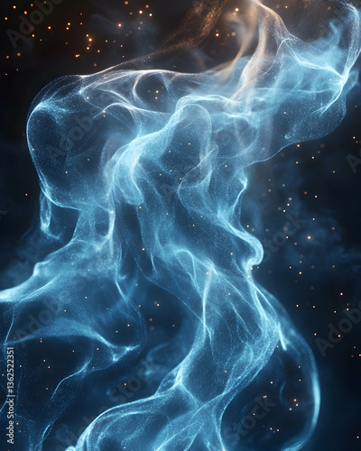 Ethereal glowing blue smoke swirls against a dark background with scattered golden particles