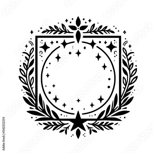 Intricate monochrome floral and celestial emblem, featuring a square and circular frame, stars, and botanical elements.