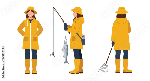Fisherwoman in Yellow Raincoat Engaging in Fishing Activities in Flat Vector Art