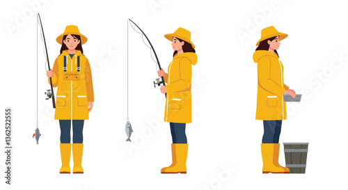 Fisherwoman in yellow raincoat catching fish in flat vector illustration