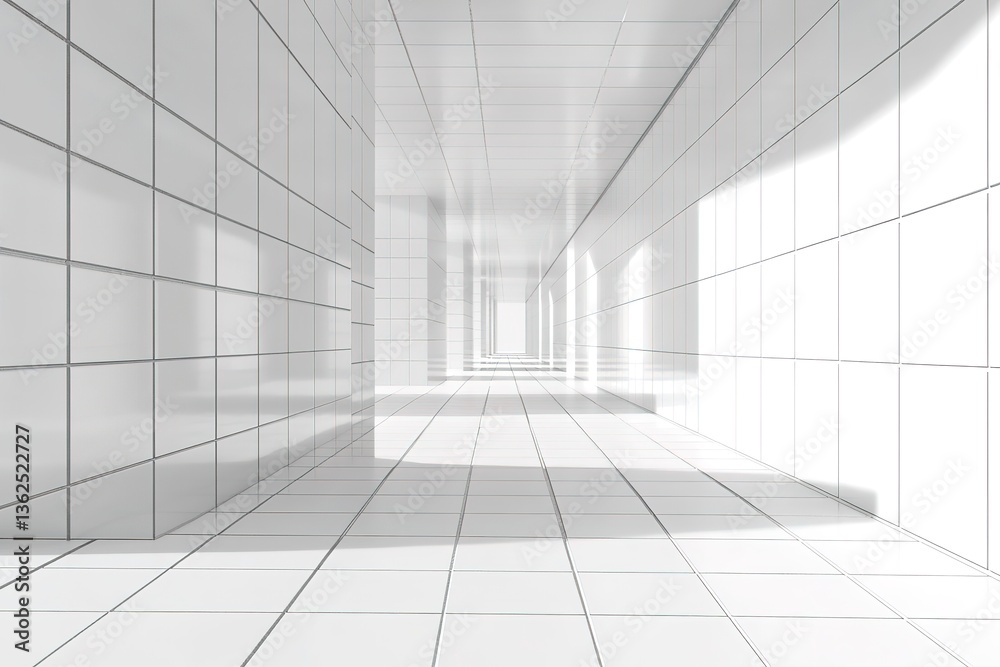 Fototapeta premium Abstract Architecture Bright White Tiled Hallway with Clean Lines and Reflections