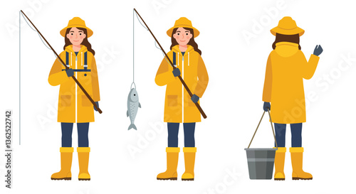 Fisherwoman in yellow rain gear, flat design showcasing different poses, vector illustration