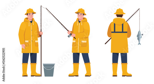 Fisherman with fishing rod in flat vector art style showing two frames of action