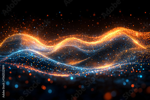 Ethereal waves of glowing orange and blue particles on black create an abstract, dreamlike atmosphere