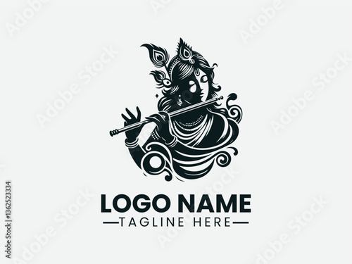 Krishna Playing Flute Hindu Deity Logo Design, Hindu God Krishna Flute Logo