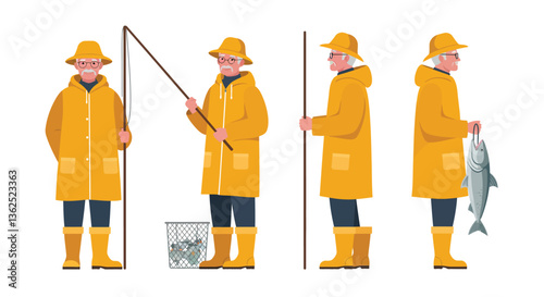 Fisherman in Yellow Rain Gear Performing Fishing Actions in Flat Vector Art