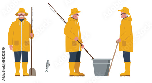 Fisherman character transformation in flat vector art with detailed poses and vibrant colors vector illustration