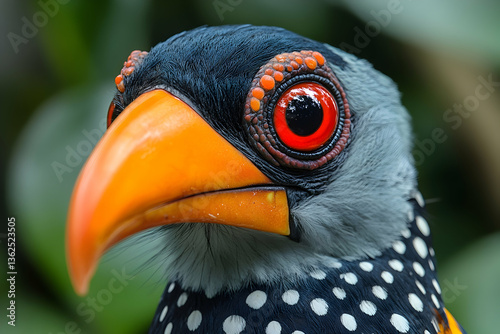 Exotic bird headshot Orange beak, red eyes, blue-gray spotted feathers against green background