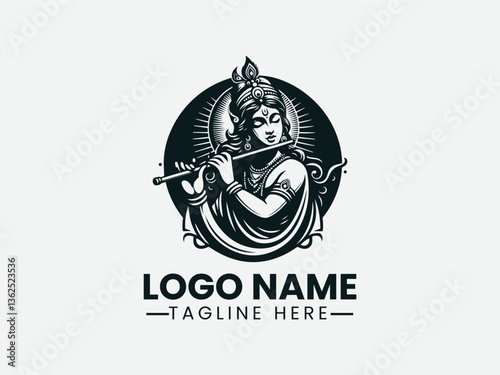 Krishna Playing Flute Hindu Deity Logo Design, Hindu God Krishna Flute Logo